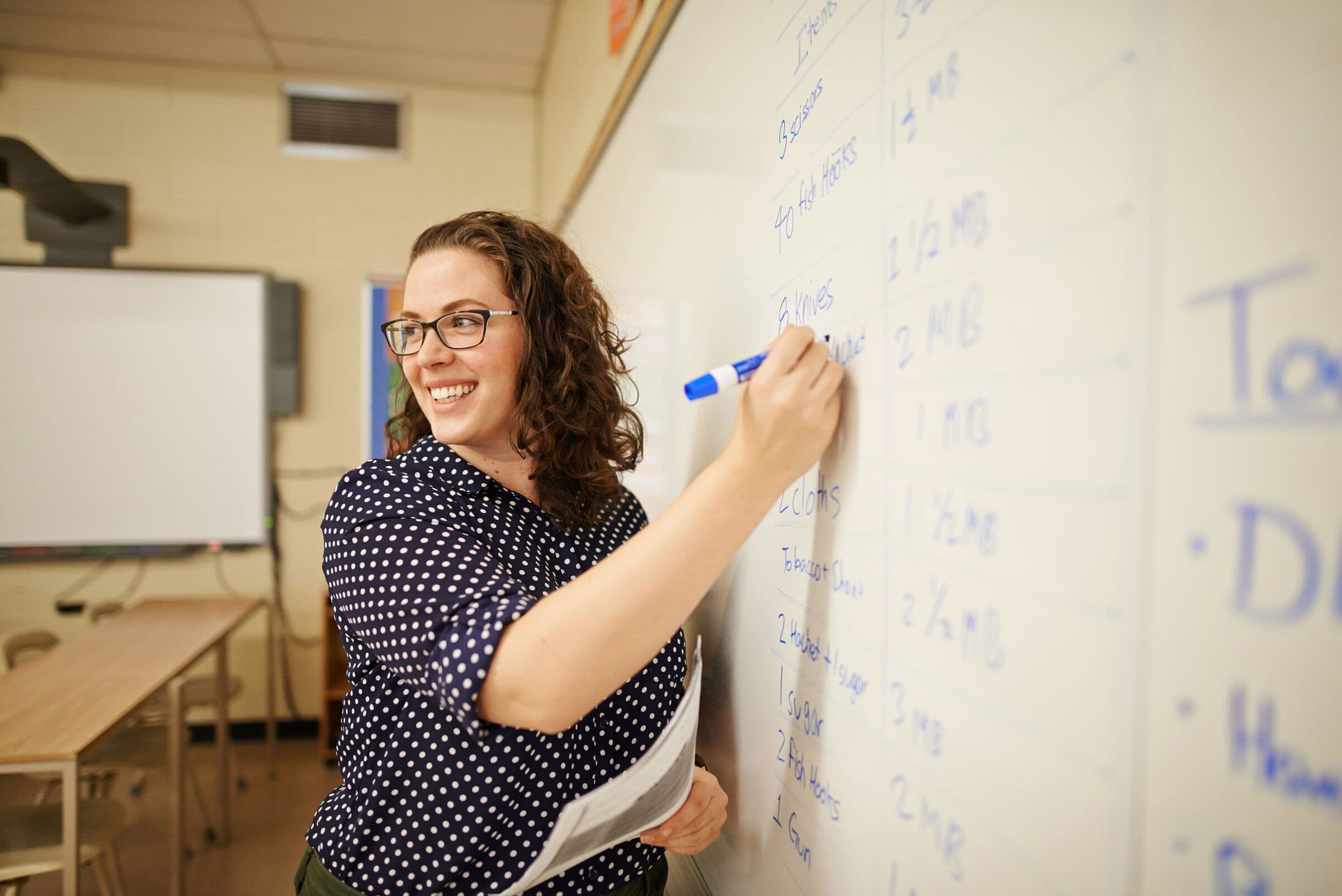 A teacher writing on a classroom whiteboard