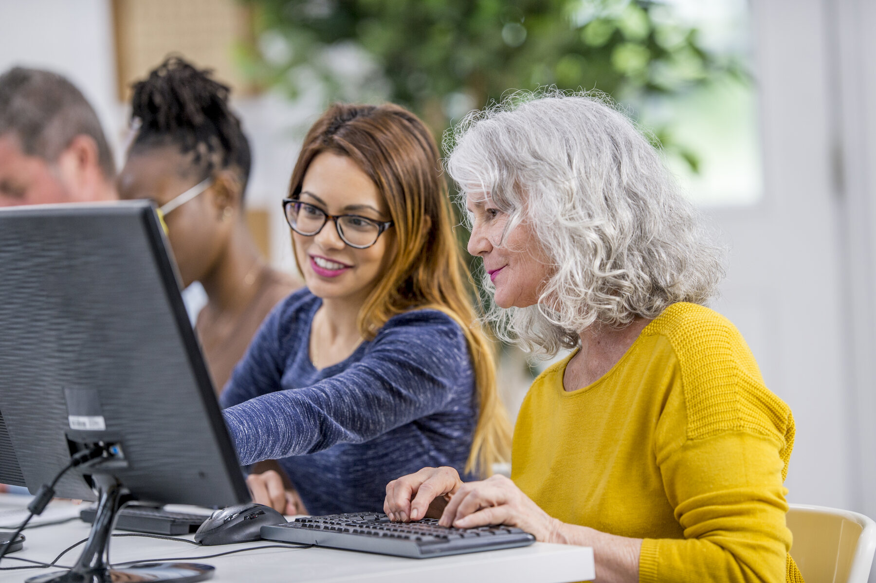 Department for Education workers looking at a computer